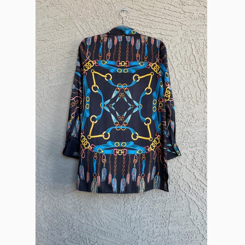 ZARA BLOGGER FAVE Black & Blue Chain Scarf Printed Long Tunic Blouse Top XS - Picture 4 of 17